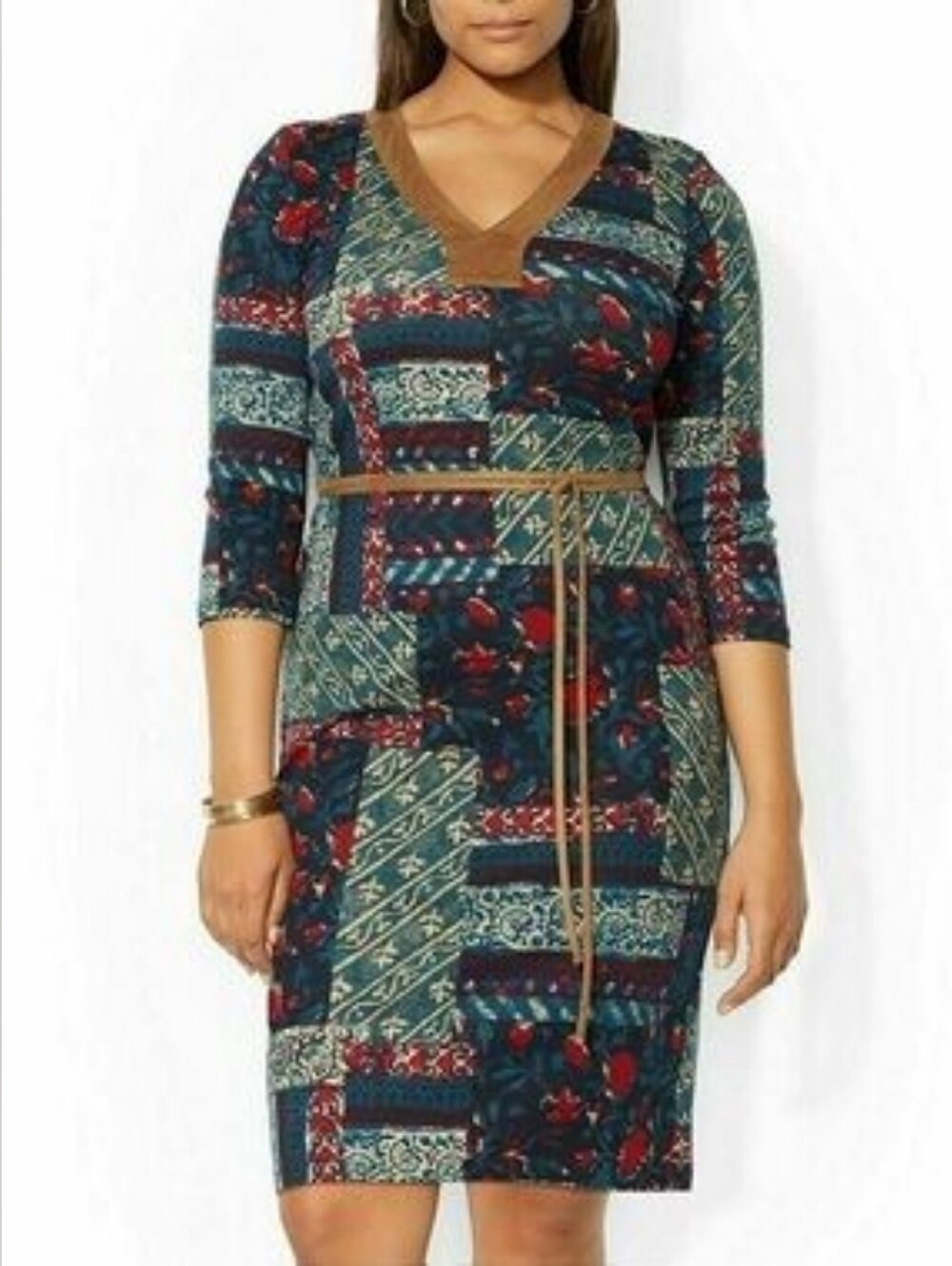 LAUREN Ralph Lauren Patchwork V-Neck Midi Dress Plus Size 2X  greenBlue Red Boho